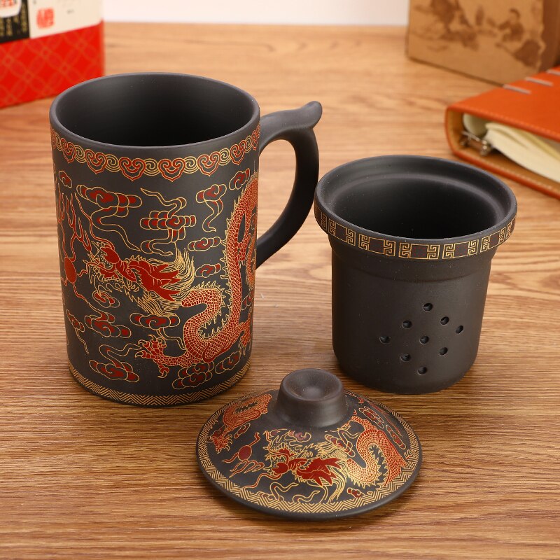 Wasser Tasse Drachen aufbringen Tee Zubehör Lila Sand Getränk Kung Fu Tee Schwarz/verrotten 400ML China Keramik Tee schüssel Becher Tasse