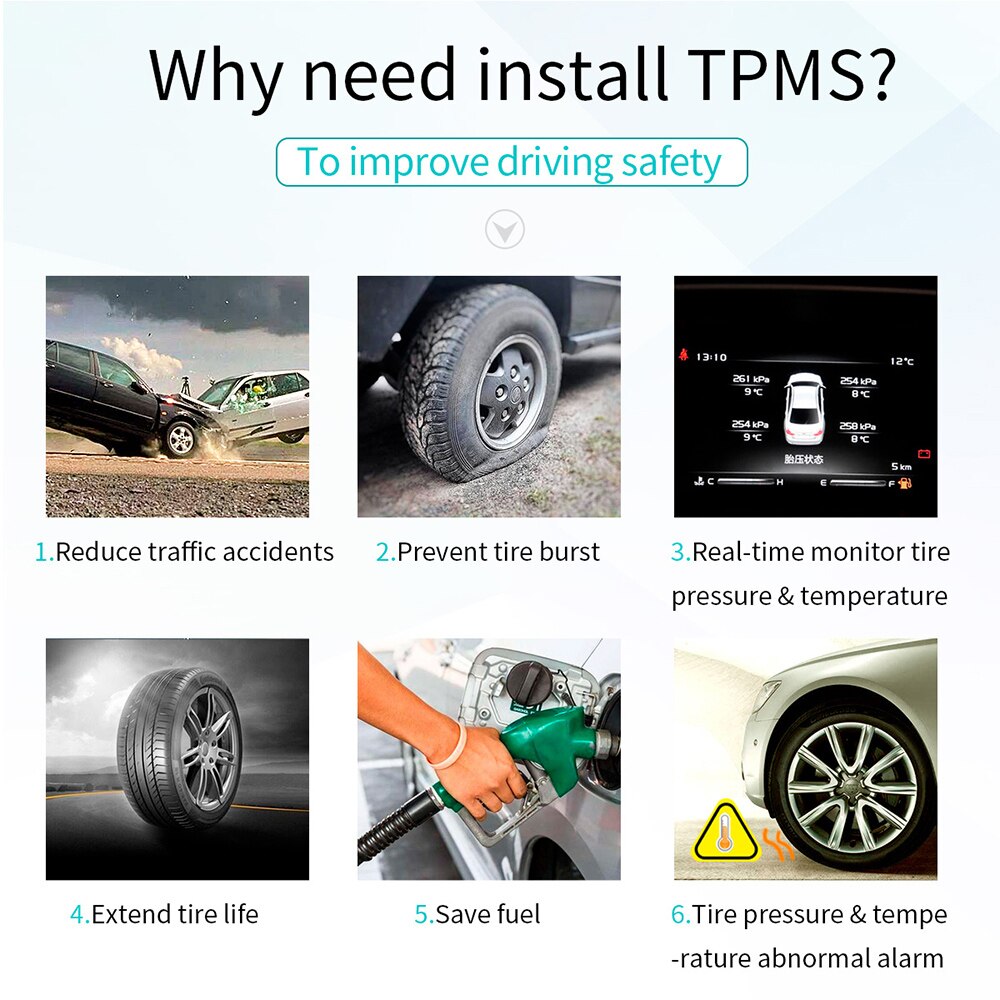 Tire Pressure Monitoring System For Android Navigation 4 Tires' Pressure & Temperaturewith 4 External Sensors Real-time Display