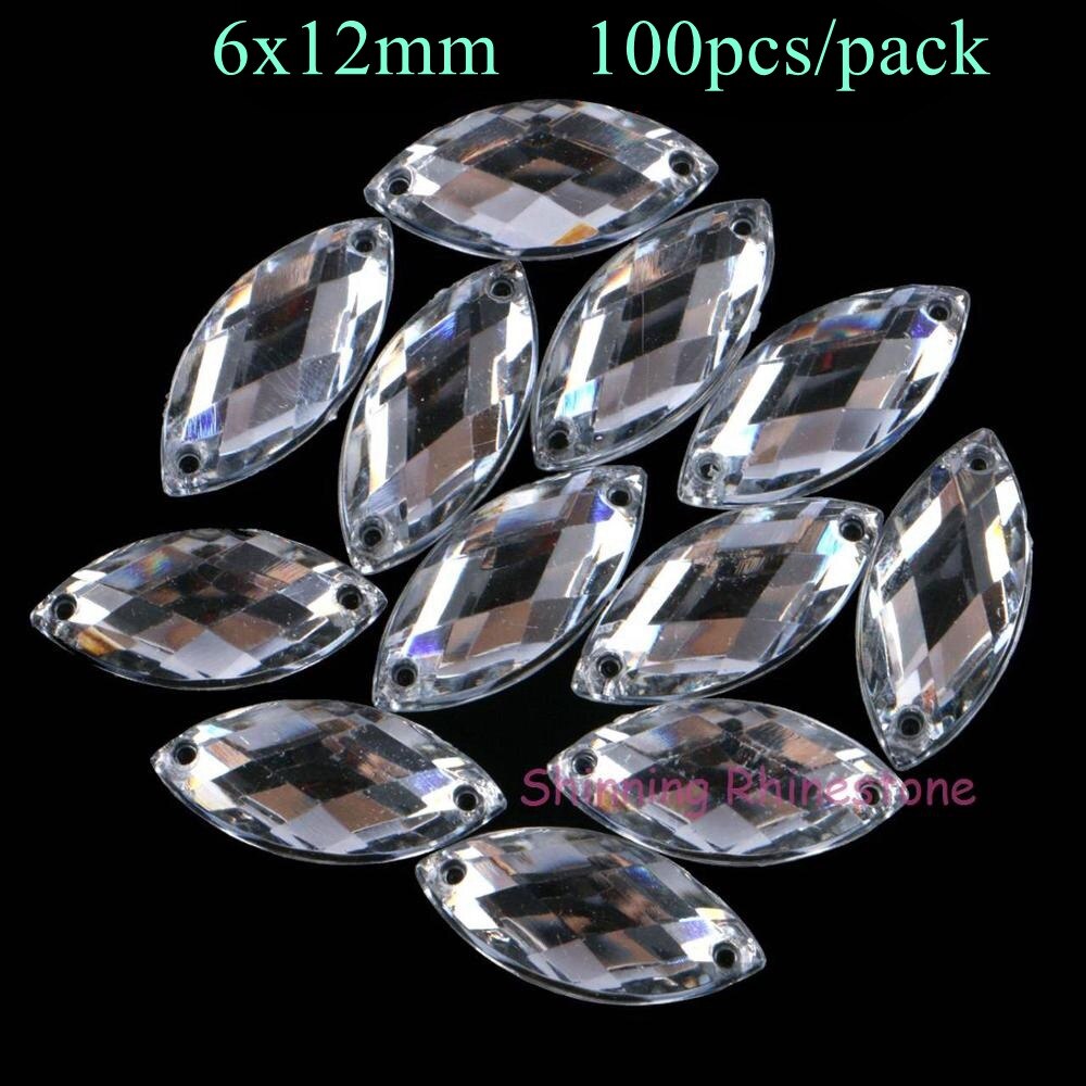 Paard Eye/Blad Acryl Steentjes Strass Flat Terug Naaien Diamant Naaien-Op Strass Kralen 2 Gaten Clear/Zwart: Clear 6x12mm 100pcs