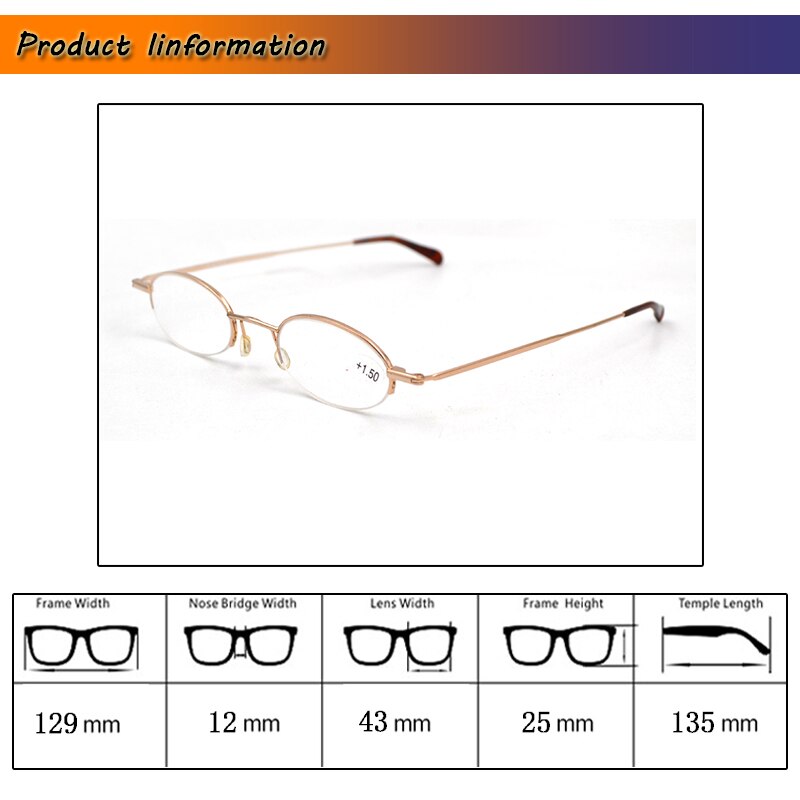 Pequeño Oval borde Semi pluma Gafas de lectura para los hombres y las mujeres Gafas lupa Gafas con montura metálica Gafas enviar con el caso L2