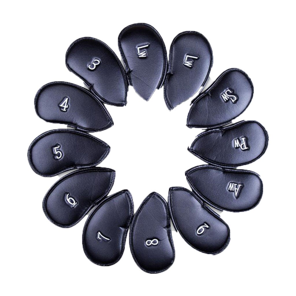 12 stuks / set golfclubs ijzeren paalkop hoedhoes pu leren golf beschermhoes golfaccessoires: Zwart
