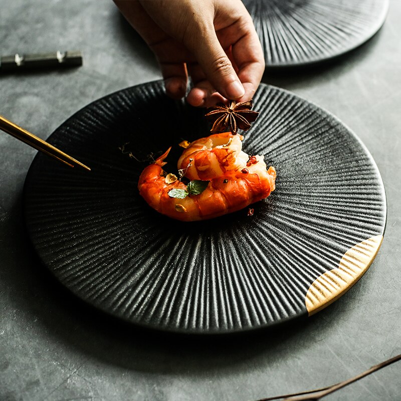 ANTOWALL Keramische Zwarte gouden kleur servies plaat huishoudelijke keramische plaat sushi sashimi plaat