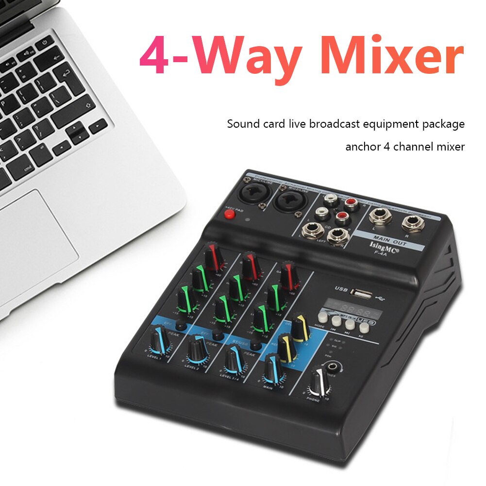 F-4A Professionele Draadloze 4-Kanaals Audio Mixer Draagbare Bluetooth Usb Sound Mixing Console Ingang Phantom Power Monitor