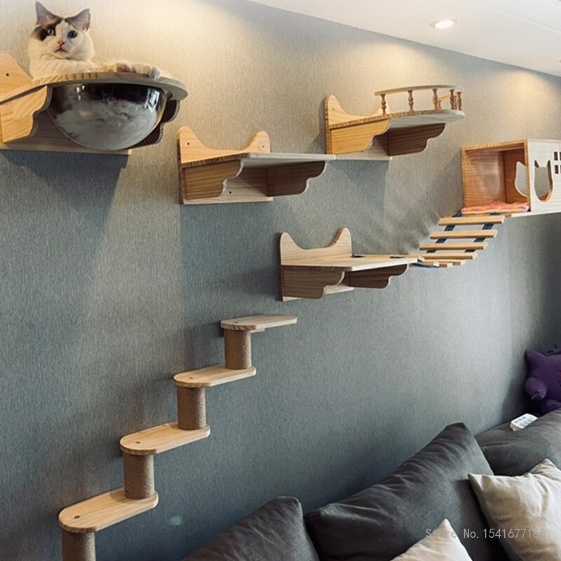Amaca per gatti a parete letto mobili per animali domestici Set di mensole da parete per gattini gatto persico tiragraffi in legno Post da arrampicata Cat Tree House Toy
