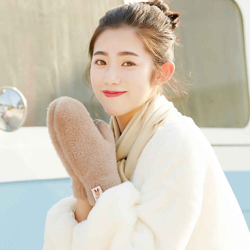 Guantes de punto para mujer, manoplas de felpa con pantalla táctil a prueba de viento, de terciopelo grueso y cálido, de Color puro, para invierno y Navidad