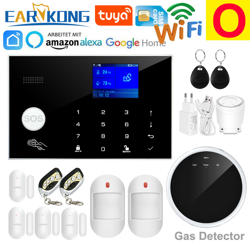 Wifi GSM Alarmsysteem 433 MHz Thuis Inbreker Beveiligingsalarm Draadloze bedrade detector RFID Touch-toetsenbord Temperatuur Vochtigheid Alexa