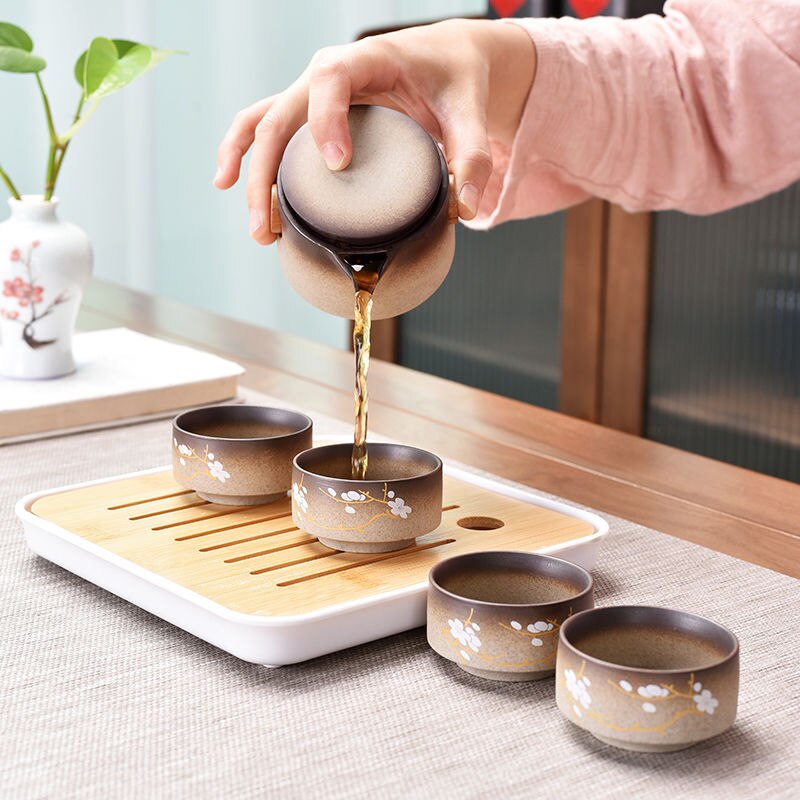 Japanese-style Cherry Blossom Kung Fu Tea Set Small Set One Pot Two Cups Four Cups Portable Travel Tea Set Tea Pot Tea Tray