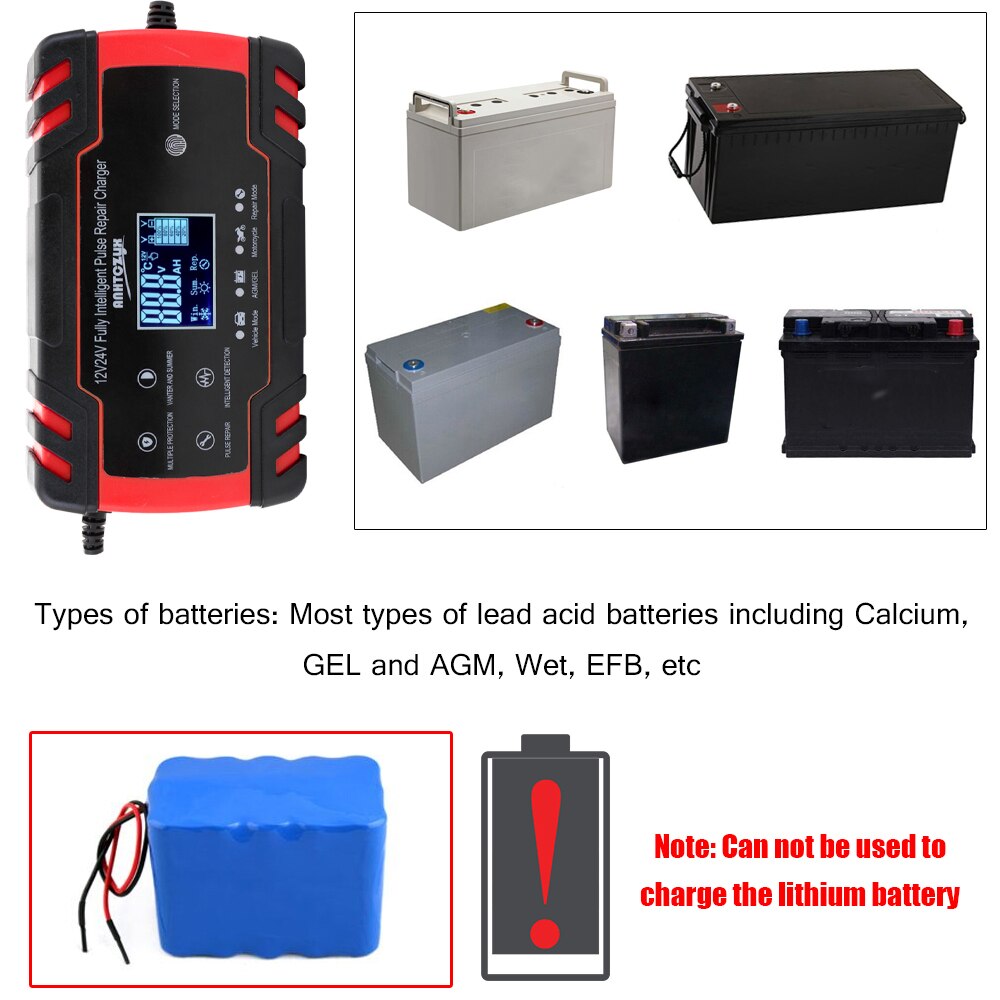 Smart Battery Charger Portable 12V/24V Car Cell Charger Adapter Power Motorcycle Auto Cell Charger with Digital Display