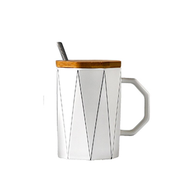 Taza geométrica mate creativa con tapa de bambú, cuchara de metal, tazas de cerámica de línea, para microondas Vaso de Leche, artículos para beber para el hogar y la Oficina, 400ml: 04