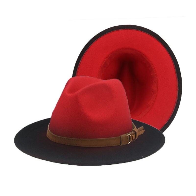 Women's Hat Fedora Gradient Color Red Blue Patchwork Men Hat Casual Belt Hip Hop Panama Winter Hats for Women Sombreros De Mujer: red2