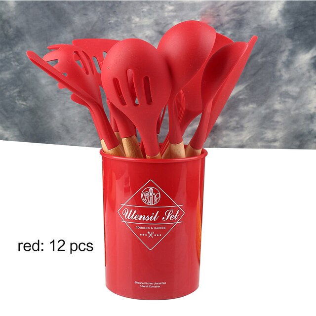 11pcs non-stick spatula kitchen utensils cooking set Multi-color storage barrels wooden handle silicone kitchen utensils: set 2
