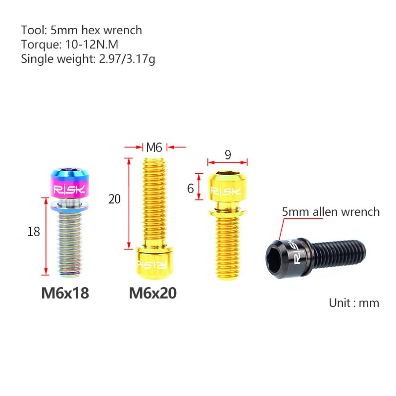 RISK 4pcs M6x18mm M6x20mm Titanium Alloy Mountain Bike Disc Brake Fixing Bolts Screws With Washer for MTB Bicycle