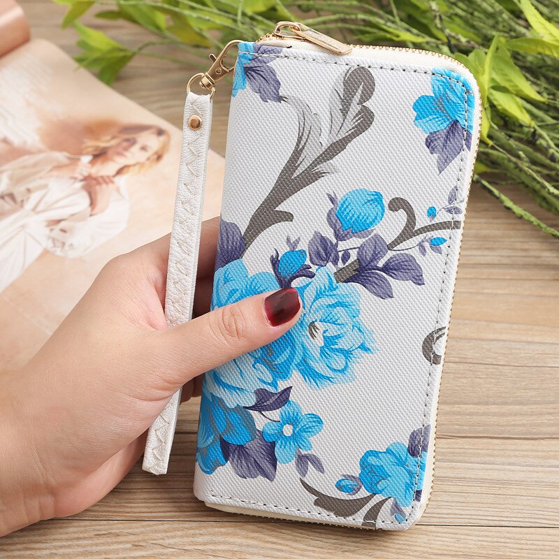 Women's Rose Print Wallet Long Handbag Wild Zipper Clutch Bag Multi-card Wallet Purse Card Holder cartera: Blue