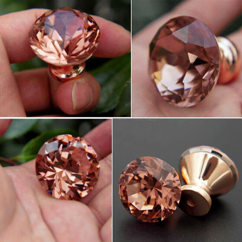 Crystal Glass Cabinet Knobs Rose Gold Diamond Shape Glass Knob and Pull Handle for Kitchen Bathroom Wardrobe Cupboard
