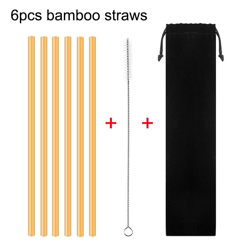 UPORS 2-6 unids/set de bambú orgánico pajitas 23cm pajitas reutilizables para beber con cepillo y bolsa de bambú Natural paja para boda Bar: 6Pcs