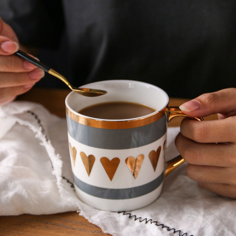 Golden Ceramic Mug Porcelain Coffee Mug China Bone Milk Tea Cup Love Heart Stripe Coffee Cup Drinkware