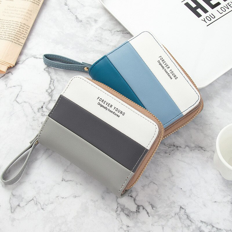 Geestock Short Wallet Women Zipper Purse Patchwork Wallets Coin Purse Multiple Card Slots Credit Card Holder PU Leather