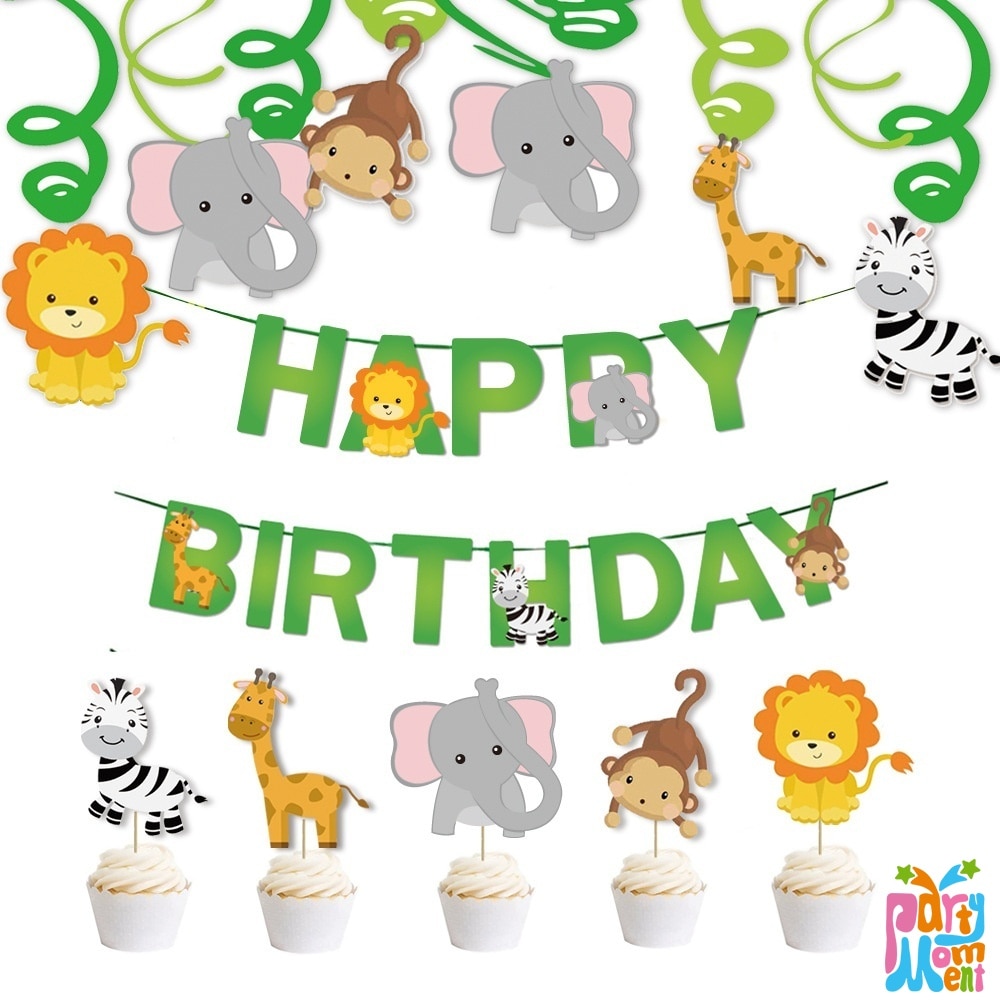 Décoration de Cupcake Safari dans la Jungle, bannière de joyeux anniversaire, drapeaux de gâteau d&#39;animaux pour fête d&#39;anniversaire, fournitures de pour enfants garçons
