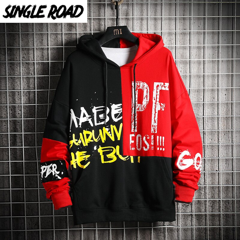 Singleroad oversized herre hættetrøjer mænd patchwork sweatshirt hip hop harajuku japansk streetwear rød hættetrøje herre sweatshirts