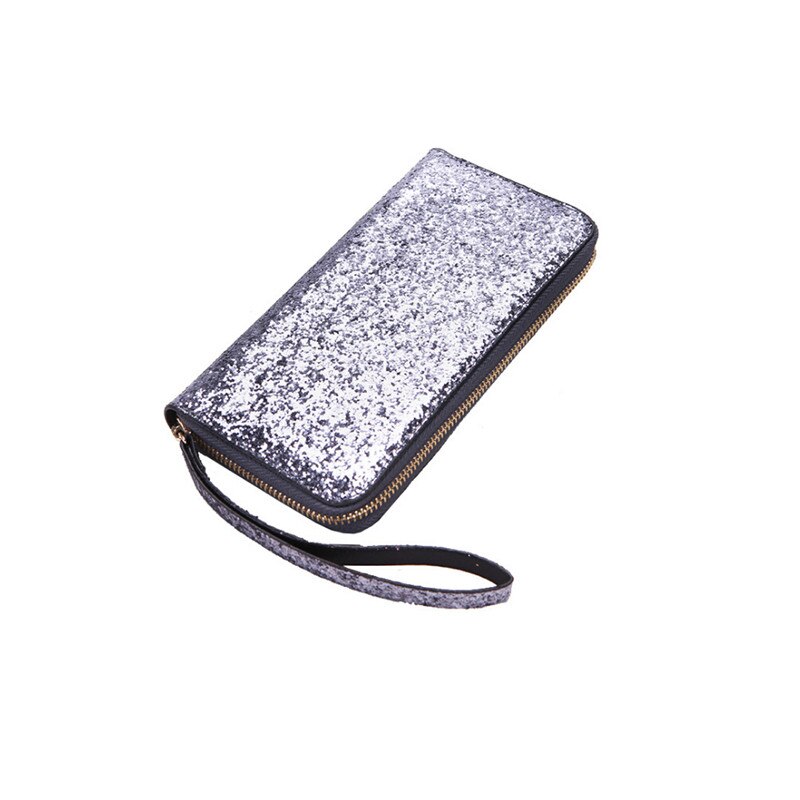 Moda legal lantejoulas carteira feminina carteira de mão longa brilhante bolsa de couro bolsa de armazenamento de cartão de crédito zíper glitter festa saco de armazenamento: Silver