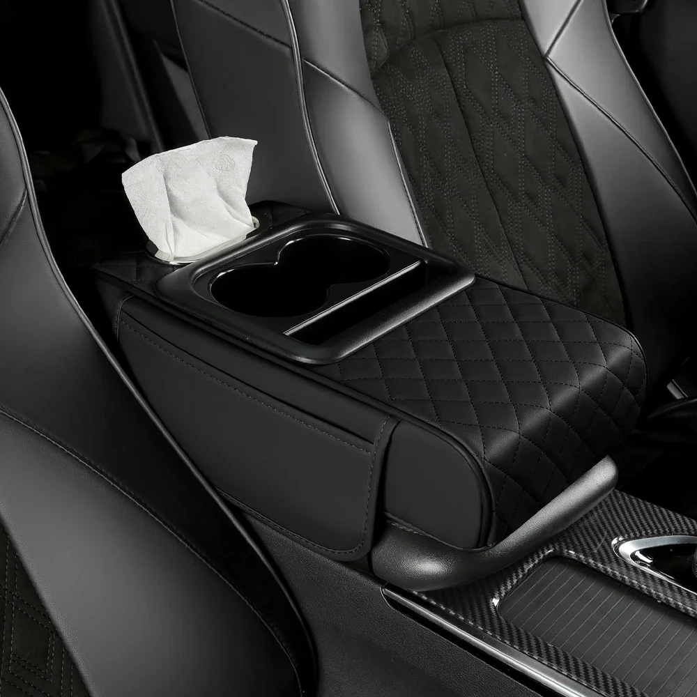 Multifunctional Car armrest pad Center Console Placement/tissue/cup/cell phone/foam armrest universal leather Leather cover: black