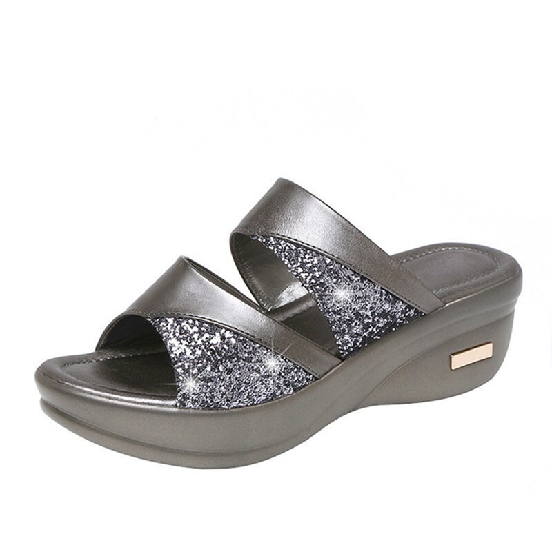 Kvinnor sommar tofflor dam glitter pu kilar skor kvinnlig casual slingbacks sandaler bekväm plattform kvinna