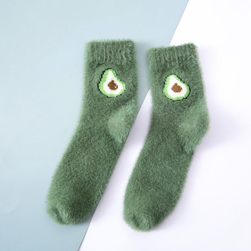 Zimowe grube skarpetki podłogowe z awokado nadruk z owocami dom śmieszne słodkie krótkie skarpetki damskie śliczne kolorowe wzorzyste skarpetki Sztuka aksamit: ciemny zielony