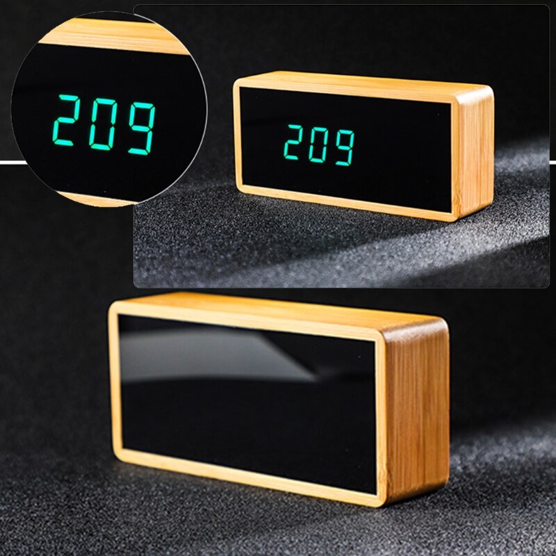 Electronic Digital Temperature Time Dual Display Desktop Alarm Clock LED Wooden