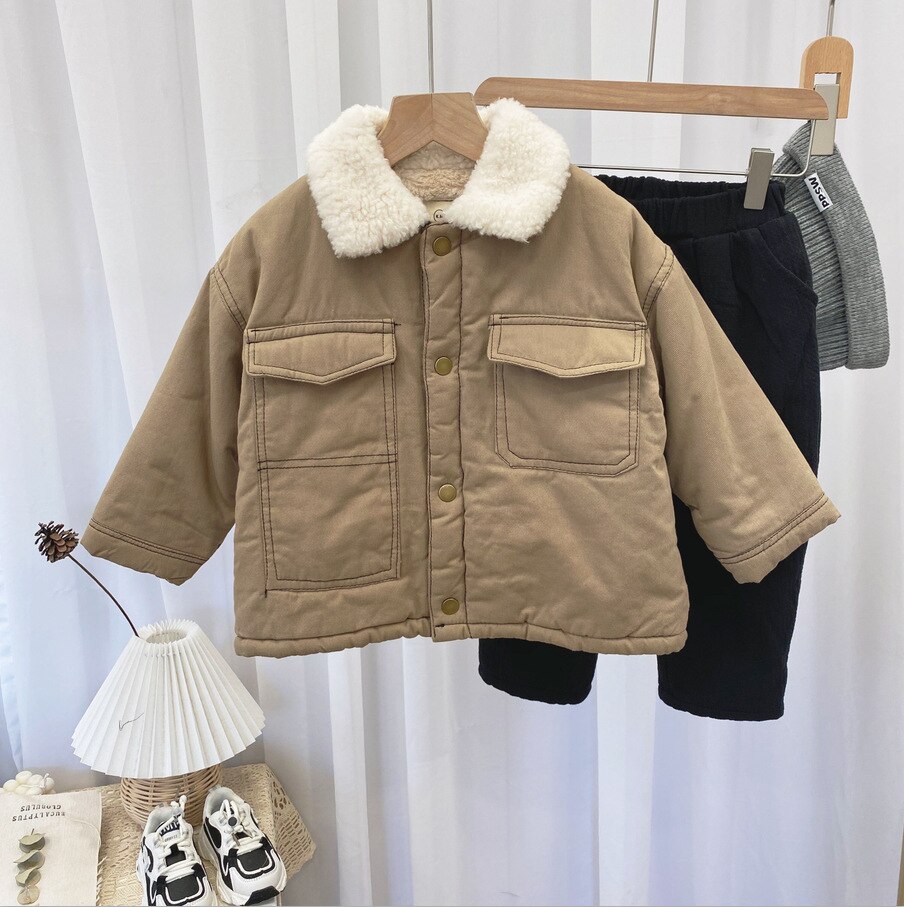 Jongens Verdikking Warme Lamswol Jas Kids Winter Effen Kleur Jassen Jassen Kinderen Kleding Bovenstukken Kid Kleding 3 4 5 6 7 Jaar: Khaki / 3T