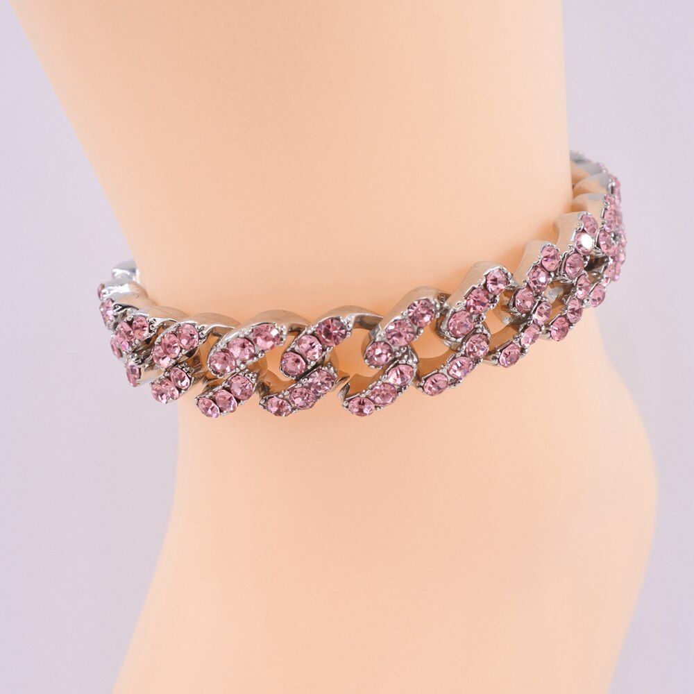 cuban link anklets hip hop women chain foot legs jewelry 12mm cuban chain pink crystal rose gold silver color iced out: Silver Pink 10inch