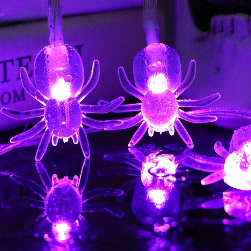 Halloween lichtsnoer met 10/20 led-lampjes, een lichtsnoer met led-lampjes, een pompoen, een skelet, een bot, een spook, een vleermuis en een spin.: Paarse spin / 3m 20 geleid