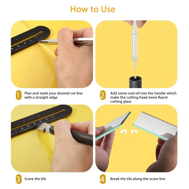 Glass Cutter,2mm-20mm Glass Cutting Tools Pencil Style Oil Feed with 3 Carbide Tips,Auxiliary Handle