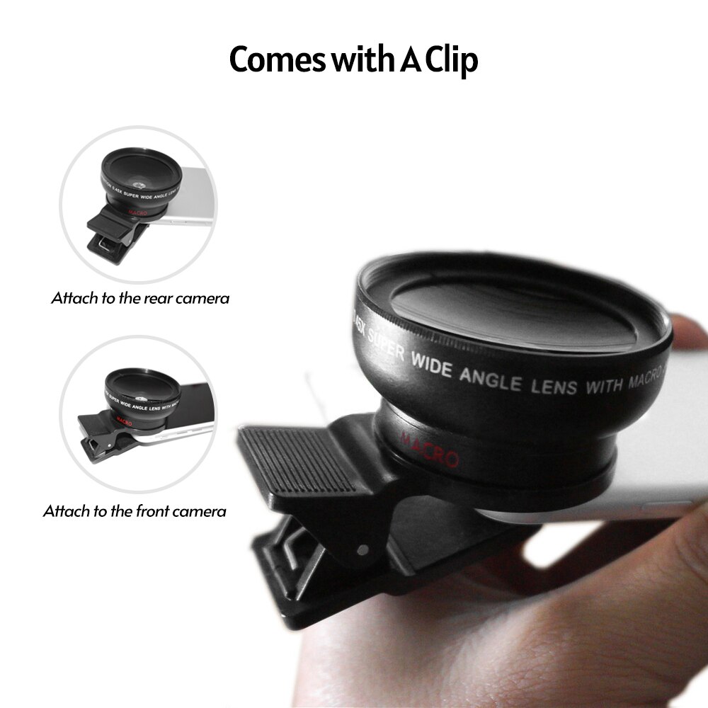 Universal Cell Phone Camera Lens 37mm Thread Smartphone Lens 0.45X 49UV Macro and Wide-angle Lens with Clip
