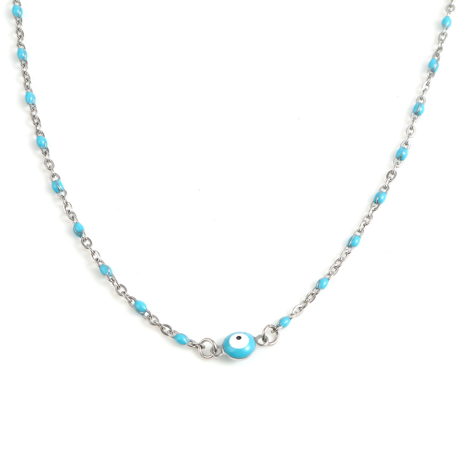 Religious Stainless Steel Link Cable Necklaces Enamel Round Evil Eye Connector Chains Necklace For Women Neck Jewelry Findings: 9