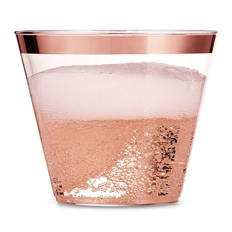 100 Gold Plastic Cups 9 Oz Clear Old Fashioned Tumblers Gold Rimmed Cups