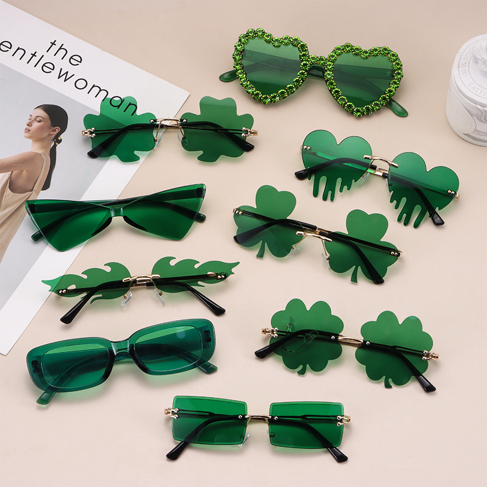 Gafas de sol de trébol irlandés para el Día de San Patricio, lentes verdes de trébol de cuatro hojas, disfraz de Leprechaun, gafas de sol sin montura a la