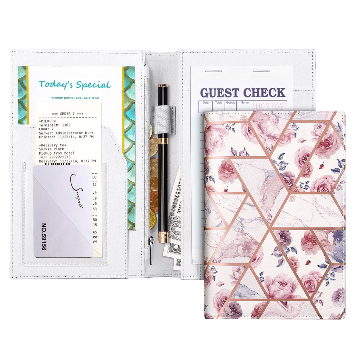Server Book for Waitress Waiter Marble Style Zipper Pouch with Pen Holder Zipper Pockets ID Checks Holder Receipt Organizer: rose gold