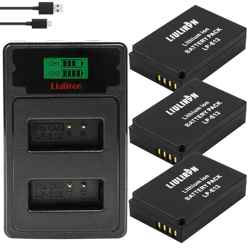 Batería de iones de litio para cámara Canon EOS M50, EOS M100,100D Kiss X7 Rebel SL1, 2100mAh, LP-E12 LP E12 LPE12, cargador Dual USB LCD, 4 Uds.: charger and 3battery