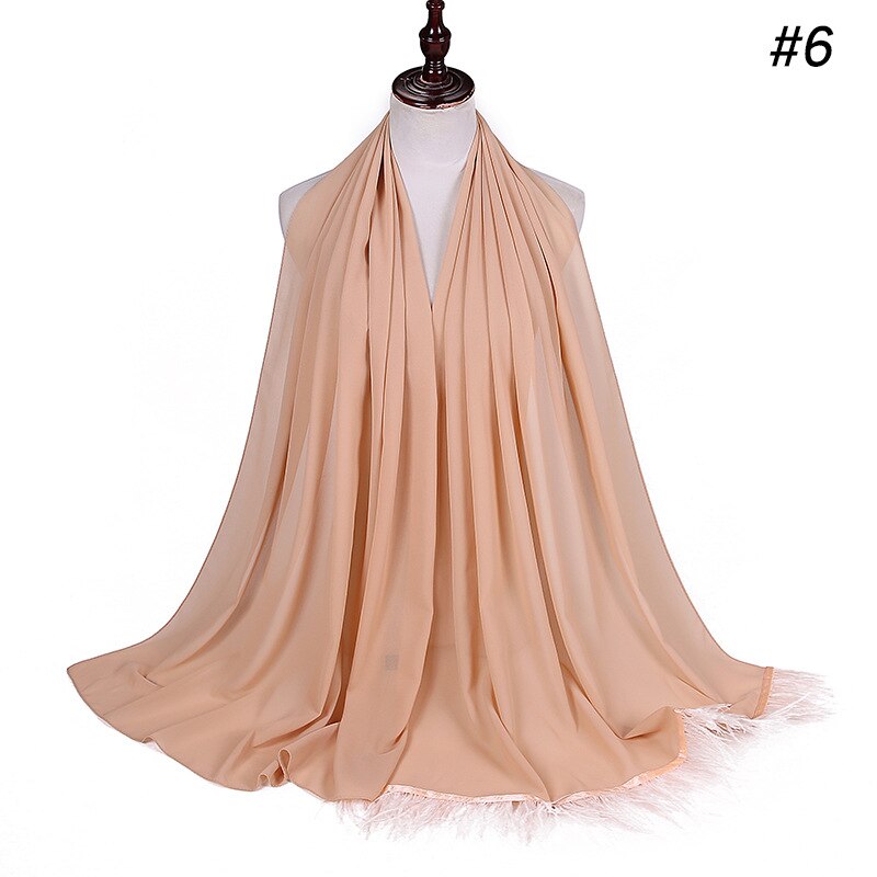 Trend Feather Hijabs Turban Chiffon Single-Side Short Feather Stitching Scarf Long Shawl For Muslim Women Headscarf: 6 khaki