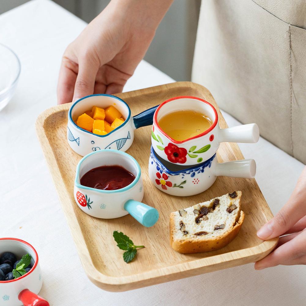 Mdzfsweethome Keramische Mini Pan Melk Pot Melk Cup Met Handvat Koffie Suiker Kommen Aardbei Bloemen Patroon Keuken Kookgerei