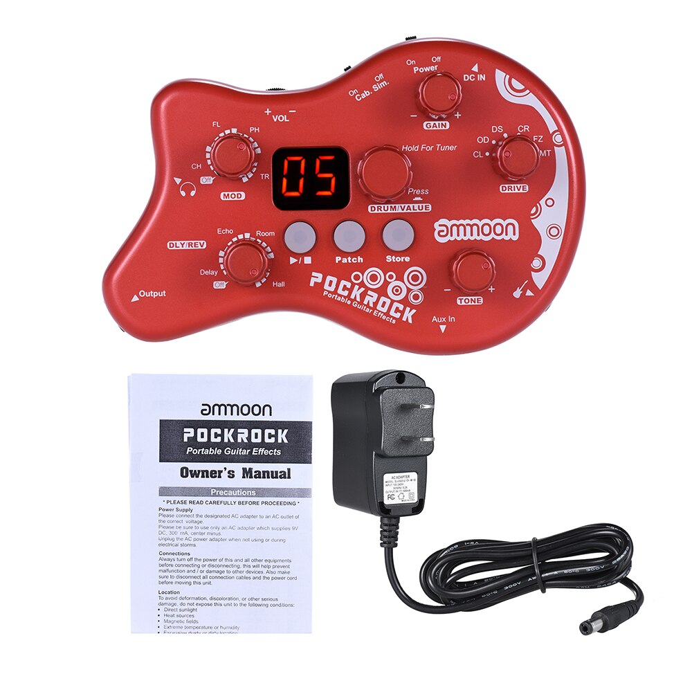 Ammoon PockRock, portátil, para guitarra, con múltiples efectos, procesador, efecto Pedal, 15 tipos de efecto, 40 tipos de batería, función de afinación: Red US Plug