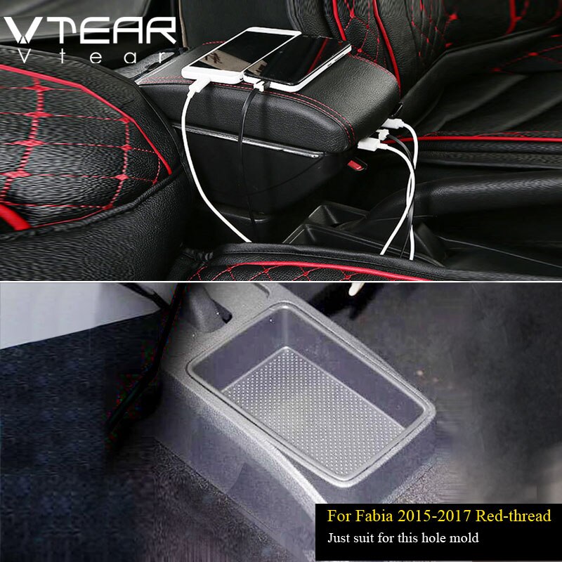 Vtear Für Skoda Fabia Auto armlehne leder Arm Rest usb-schnittstelle lagerung Kasten Styling center konsole zubehör dekoration: 2015-2017 rot Faden