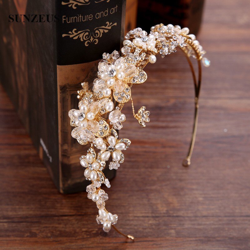 Diadema de novia dorada, corona de flores de cristal para Boda, perlas, Accesorios para novia, Boda SQ0217