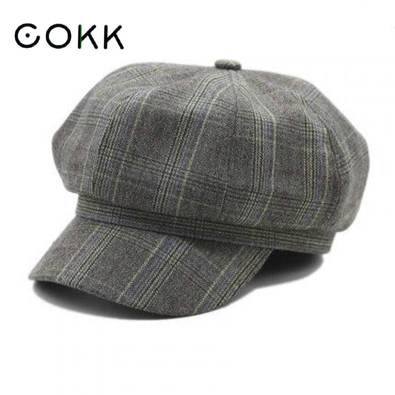 COKK Newsboy Cap Women Octagonal Hat Plaid Beret Winter Hats For Women Lady Vintage Bonnet Retro Hats Gorras