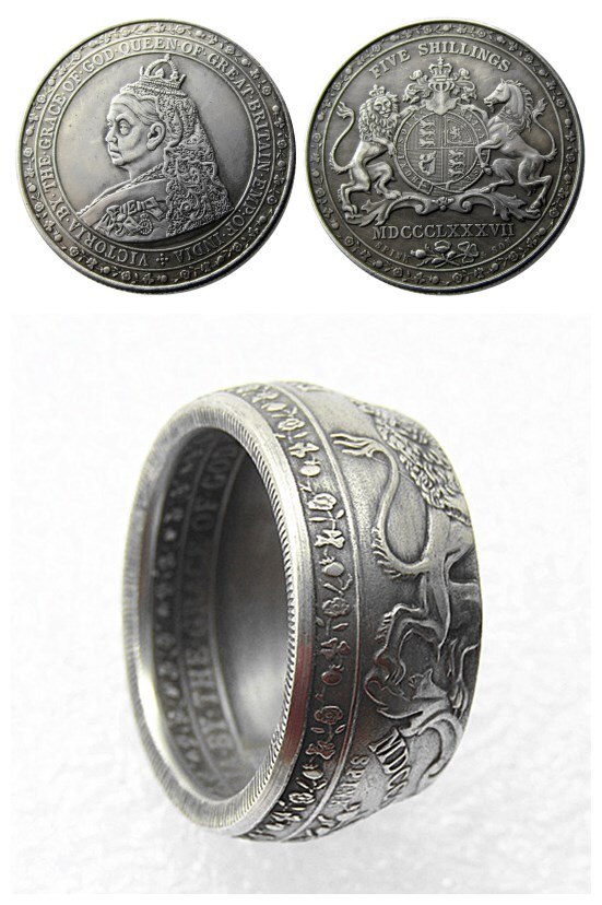 Bague pièce de monnaie UF(10) | Une couronne modèle Victoria, royaume-uni 1887, pièce plaquée argent, tailles 8-16