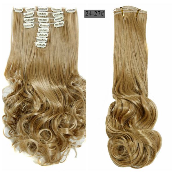 Luksus til fletning 50cm fremhævede farve syntetiske clips ins hårstykker bølget syntetisk clip on hair extensions 50cm 8 stk/sæt: 24-27