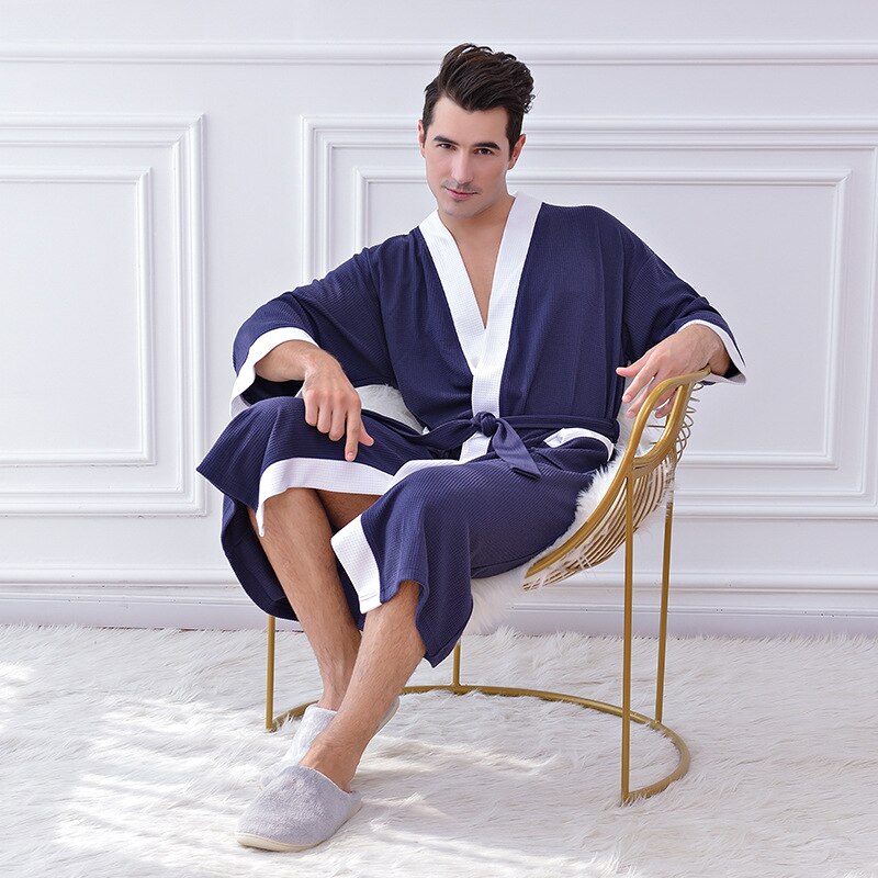 Mannen Nachtjapon Kimono Badjas Voor Man Casual Homewear Wafel Gewaden Herfst Winter Katoenen Kamerjas Nachtkleding Thuis Gewaad: NavyBlue / M