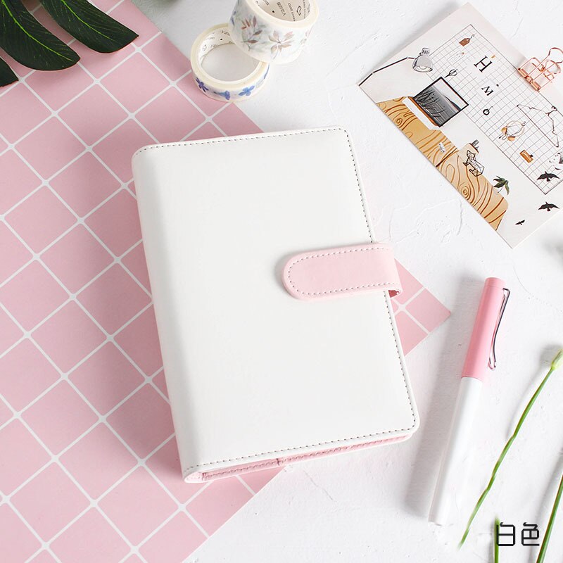Preciosa funda para cuaderno A5/a6 de piel con hojas sueltas, carpeta con espiral, Color de macarrón, artículos de papelería, funda de repuesto para libro planificador Kawaii: Blanco / A6