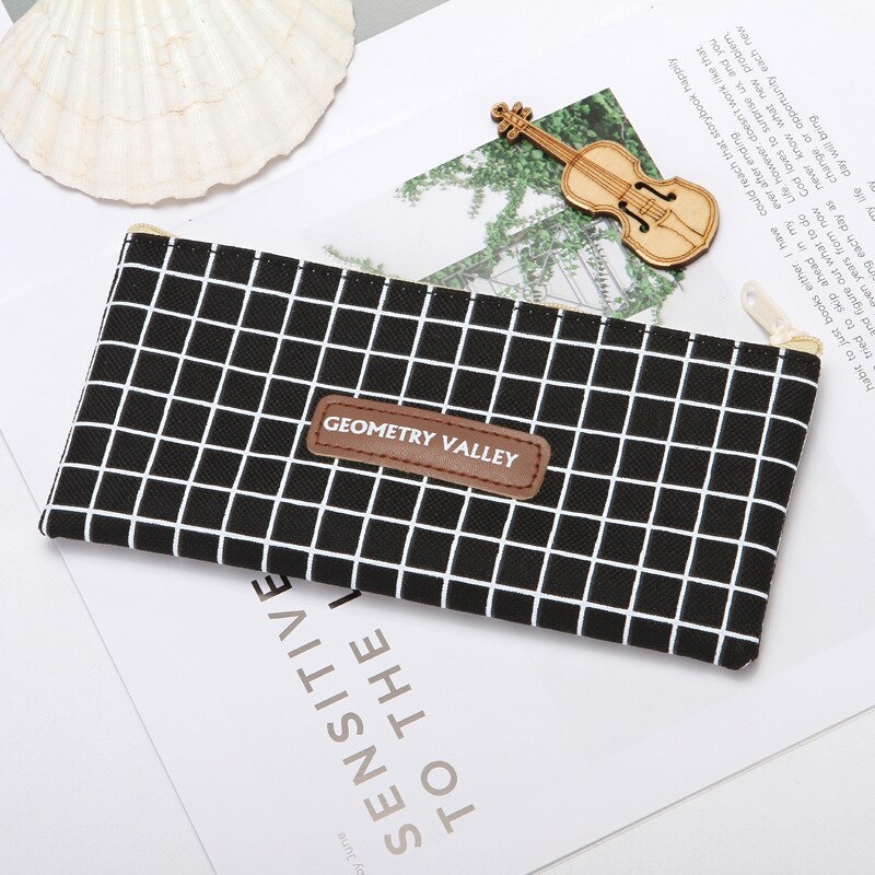 1pcs Canvas Geometric Pencil Case School Simple Striped Grid Solid Color Cute Kawaii Pencil Bag Pouch Office Students Supplies: 290