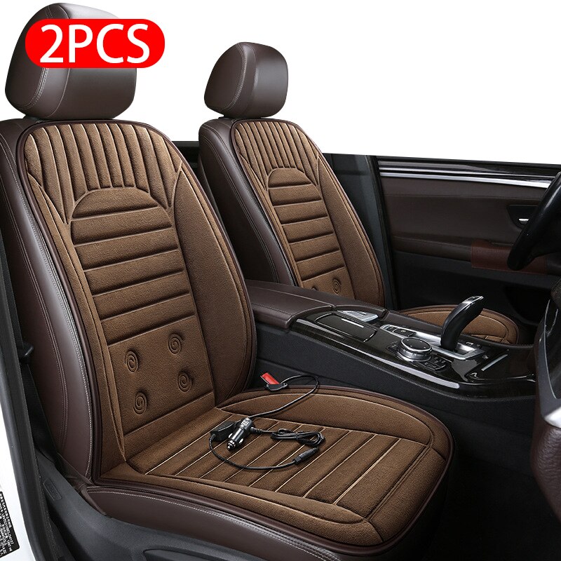 Housse de siège de voiture chauffante en peluche, 12V/24V DC, coussin de siège chauffant à 2 niveaux, siège lombaire, universel, pour véhicules 95%: Brown 2pcs